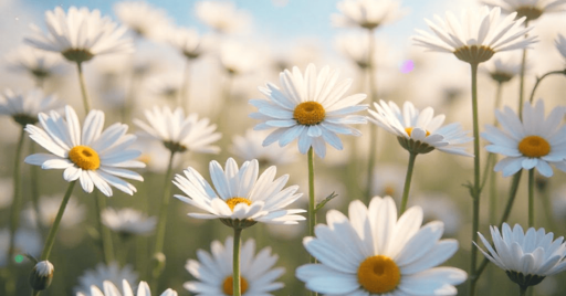 Champ de marguerites blanches aux cœurs jaunes sous un ciel bleu clair avec des reflets lumineux, évoquant le soleil levant