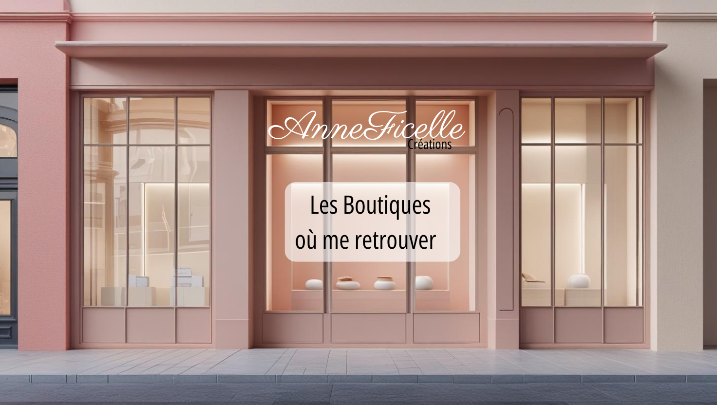 Façade d'une boutique rose pâle avec une grande vitrine, affichant le nom "Anne Ficelle Créations" et un panneau indiquant "Les Boutiques où me retrouver