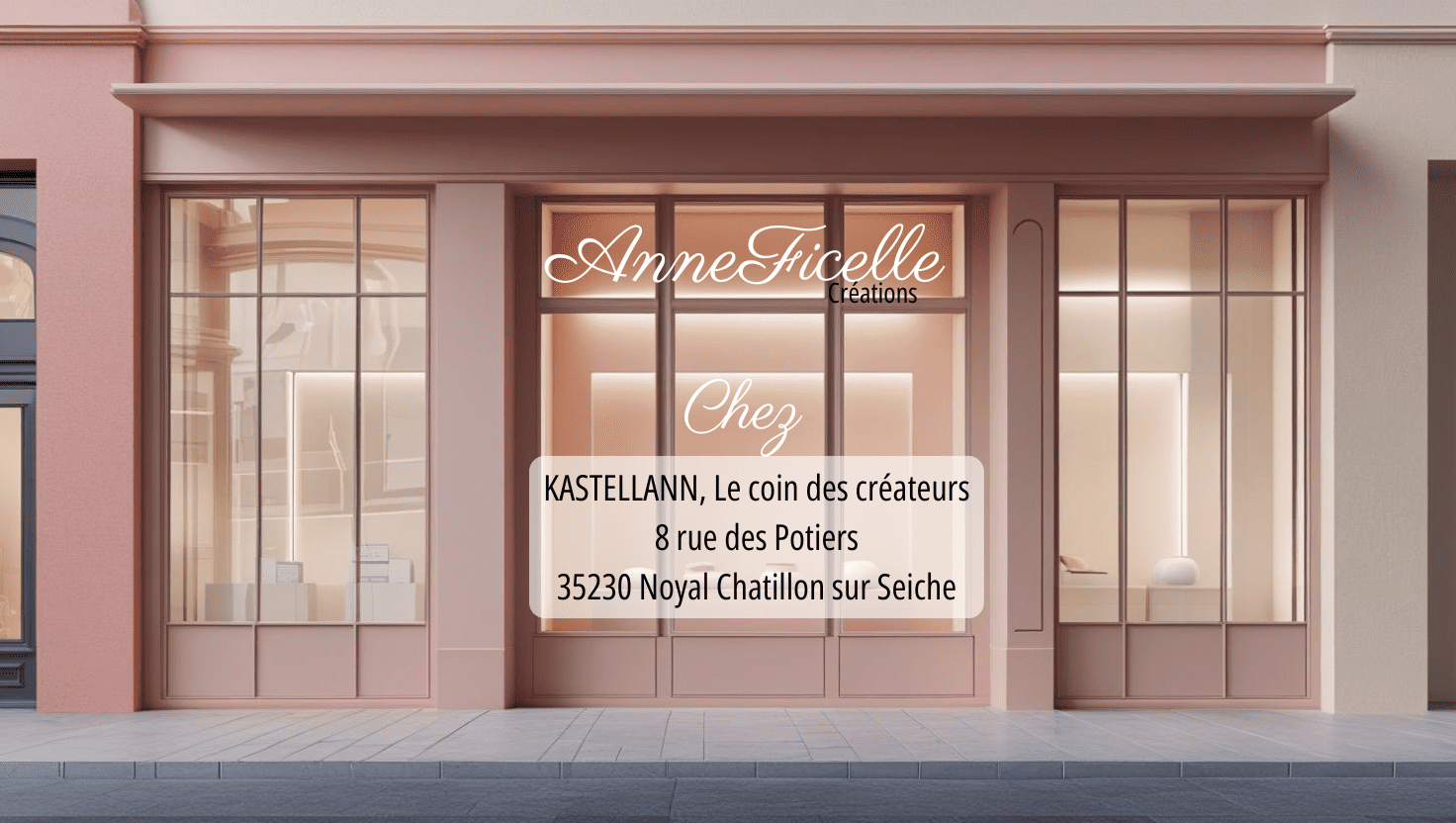 Façade de la boutique "Anne Ficelle Créations" affichant l'adresse de la boutique partenaire Kastellann à Noyal-Châtillon-sur-Seiche.