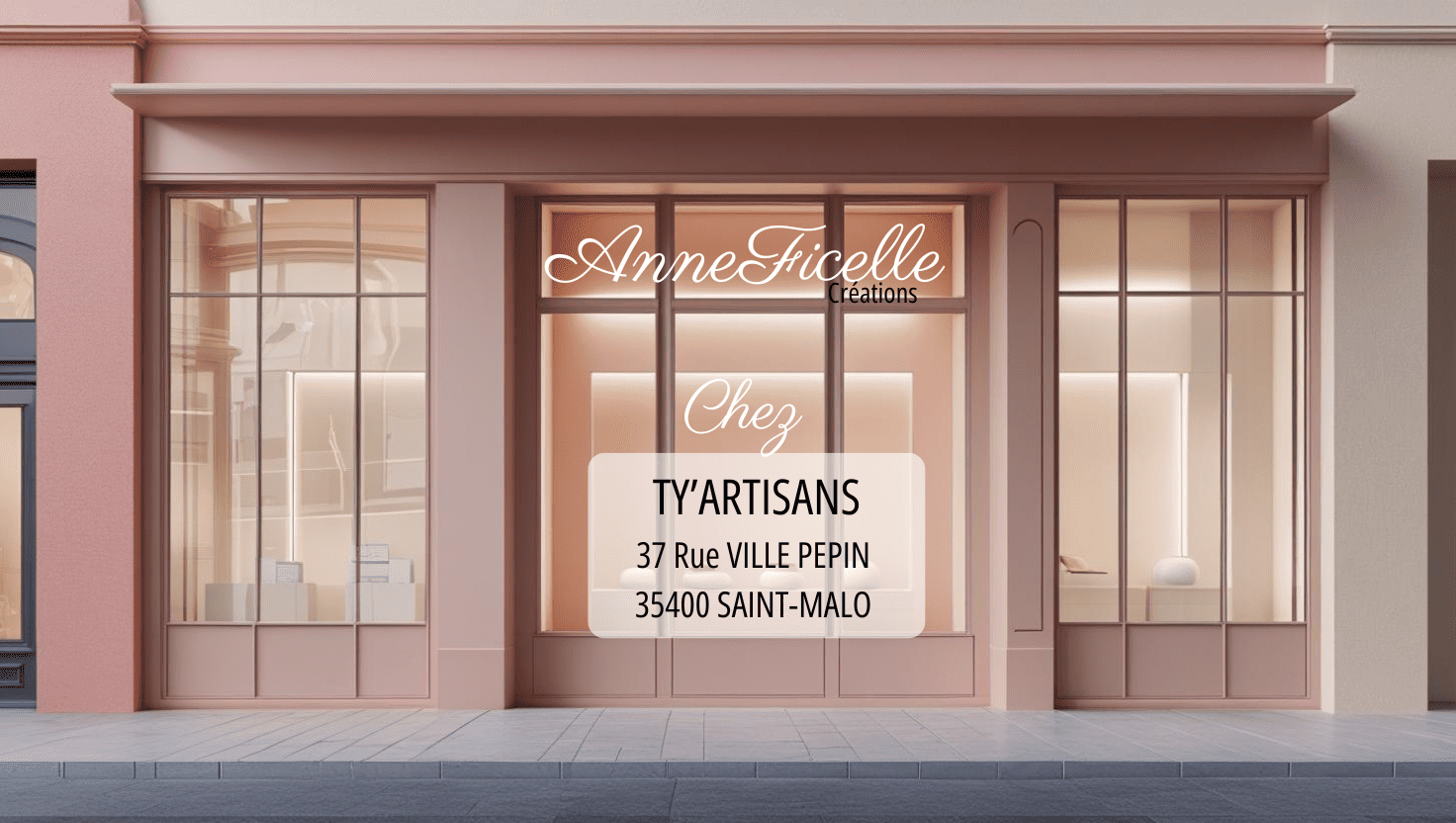 açade de la boutique "Anne Ficelle Créations" affichant l'adresse de la boutique partenaire Ty'Artisans à Saint Malo