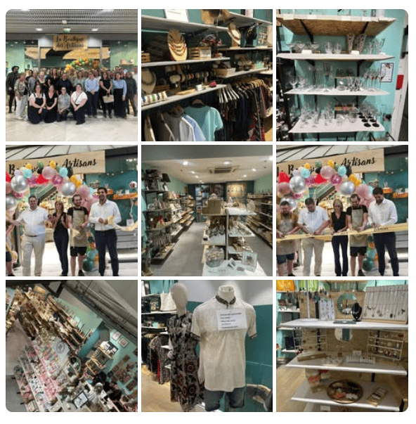 Collage de photos montrant l'intérieur et l'équipe de La Boutique des Artisans.