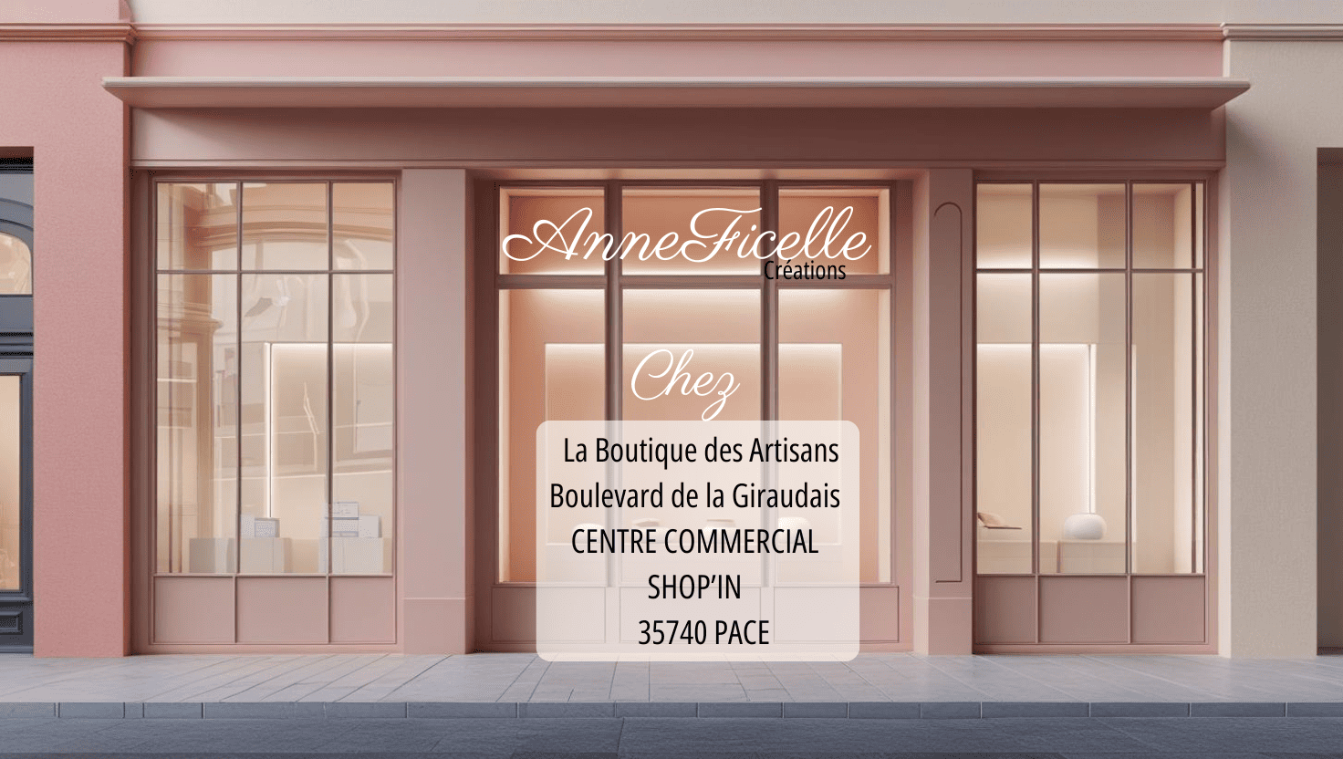 Façade d'une boutique moderne aux tons roses pâles et crème. Les grandes vitrines affichent le nom "Anne Ficelle Créations" au-dessus d'un panneau rectangulaire rose clair, où est inscrit l'adresse : "Chez La Boutique des Artisans, Boulevard de la Giraudais, CENTRE COMMERCIAL SHOP'IN, 35740 Pace."