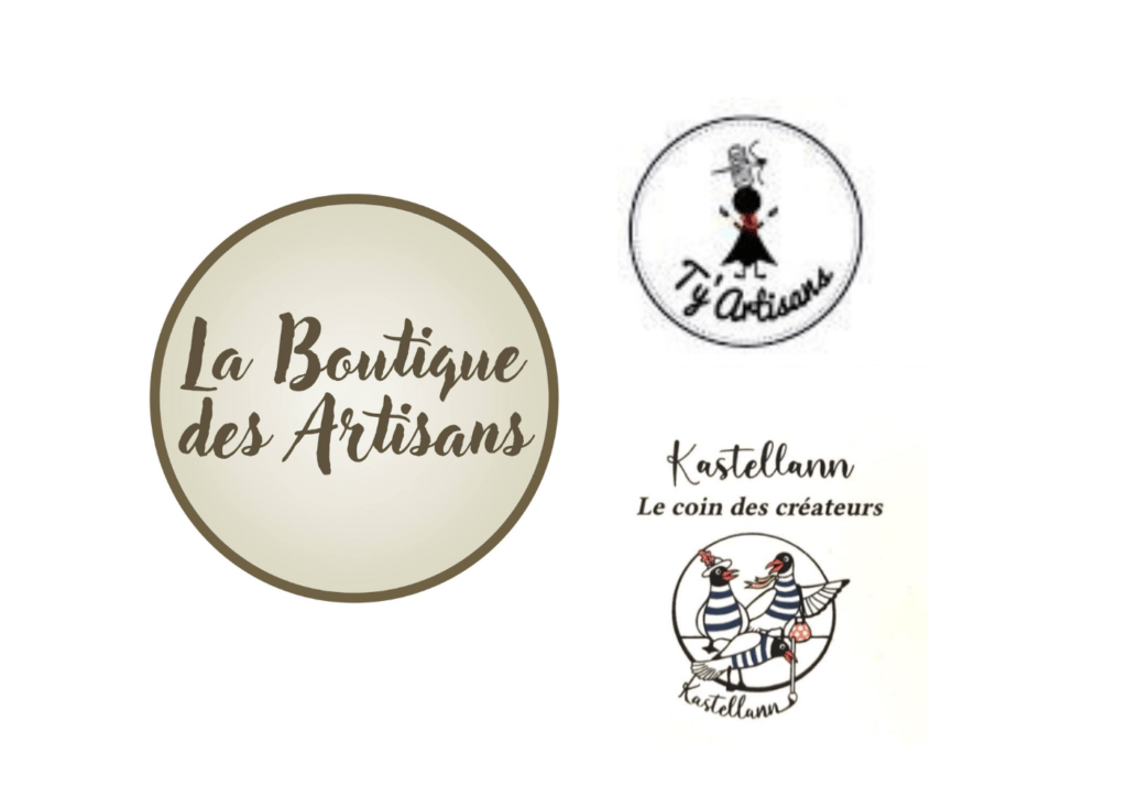 Logos des trois boutiques partenaires accueillant les permanences d'Anneficelle Création : La Boutique des Artisans, Ty'Artisans, et Kastellann - Le coin des créateurs.