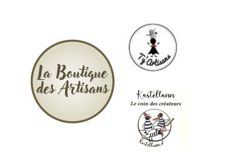 Logos des trois boutiques partenaires accueillant les permanences d'Anneficelle Création : La Boutique des Artisans, Ty'Artisans, et Kastellann - Le coin des créateurs.