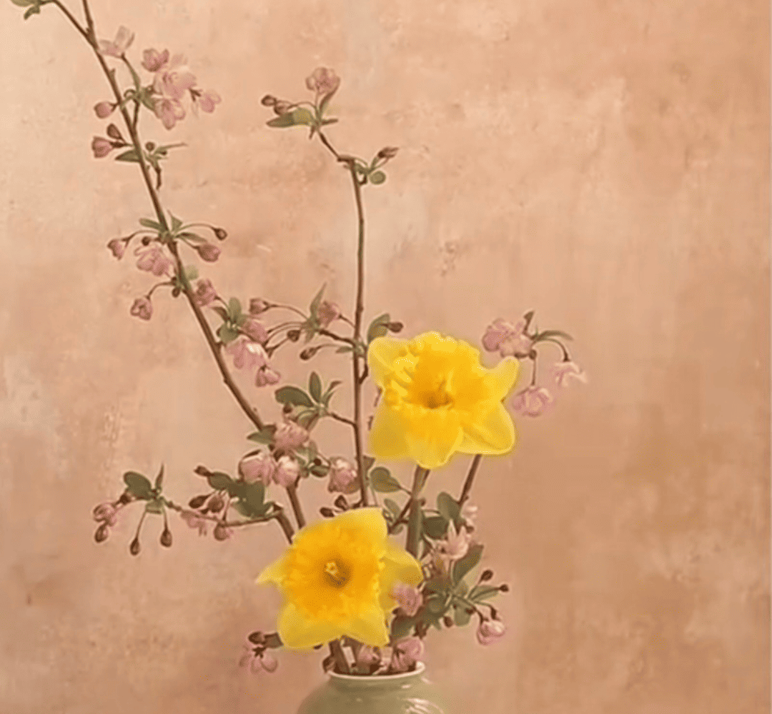 Bouquet de jonquilles jaunes et branches de cerisier sakura dans un vase vert, inspiration florale pour Anneficelle Créations.