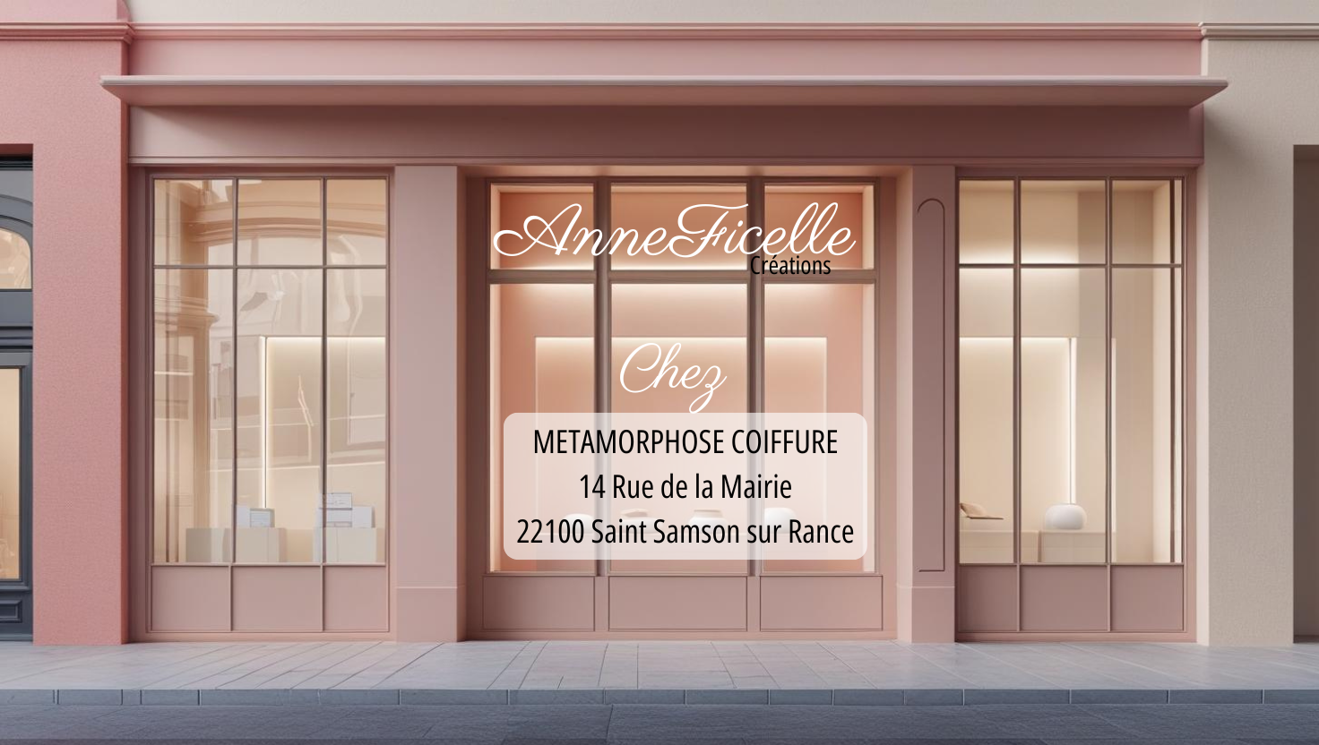 Façade d'une boutique moderne aux tons roses pâles et crème. Les grandes vitrines affichent le nom "Anne Ficelle Créations" au-dessus d'un panneau rectangulaire rose clair, où est inscrit l'adresse : "Chez Métamorphose coiffure 14 rue de la Mairie 22100 Saint Samson sur Rance"