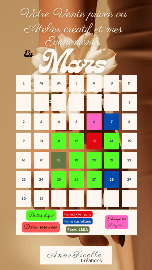 Calendrier planning de mars Anneficelle Créations : ateliers créatifs, ventes privées et permanences artisanales à Saint-Malo, Pacé et Noyal-Châtillon-sur-Seiche.
