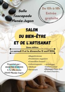 Affiche de la 2ème édition du Salon du Bien-être et de l'Artisanat à Plénée-Jugon, les 11 et 12 avril 2026, à la Salle l'Escapade.