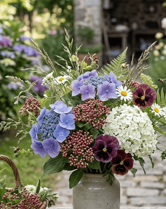 Un bouquet d'été AnneFicelle Créations composé de fleurs fraîches du jardin : hortensias bleus et blancs, viorne obier, pensées et marguerites, dans un vase en céramique, avec des abeilles.