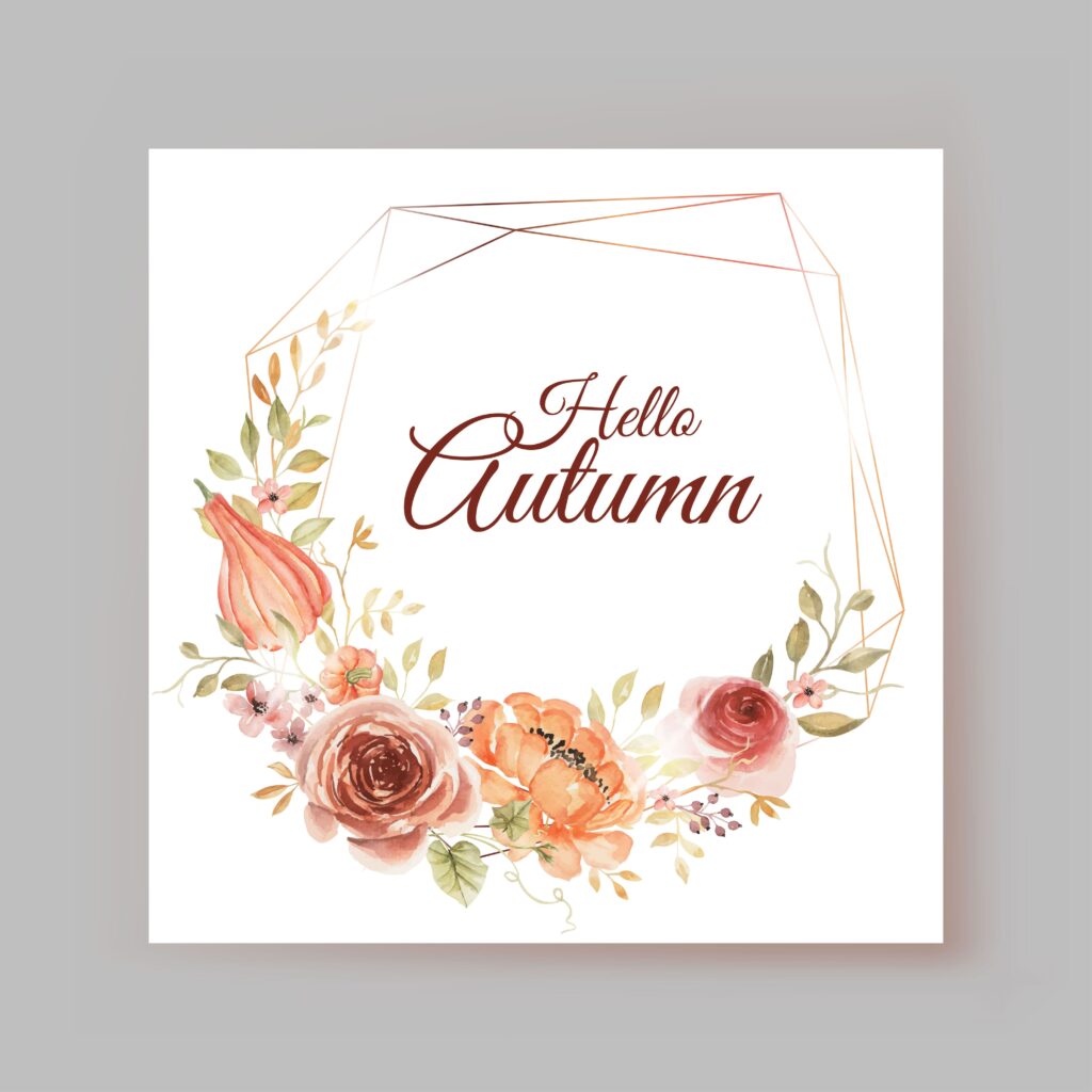 Illustration aquarelle aux tons chauds automnaux avec cadre géométrique doré, fleurs terracota, citrouille et texte Hello Autumn pour la collection d'automne AnneFicelle Créations.